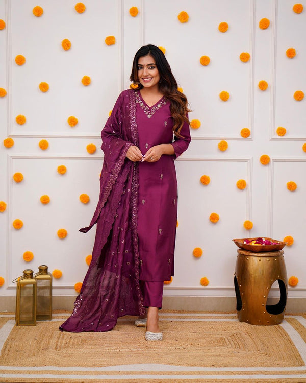 Wedding Wear Wine Color Viscose Chanderi With Embroidery Work Beautiful Kurta Set