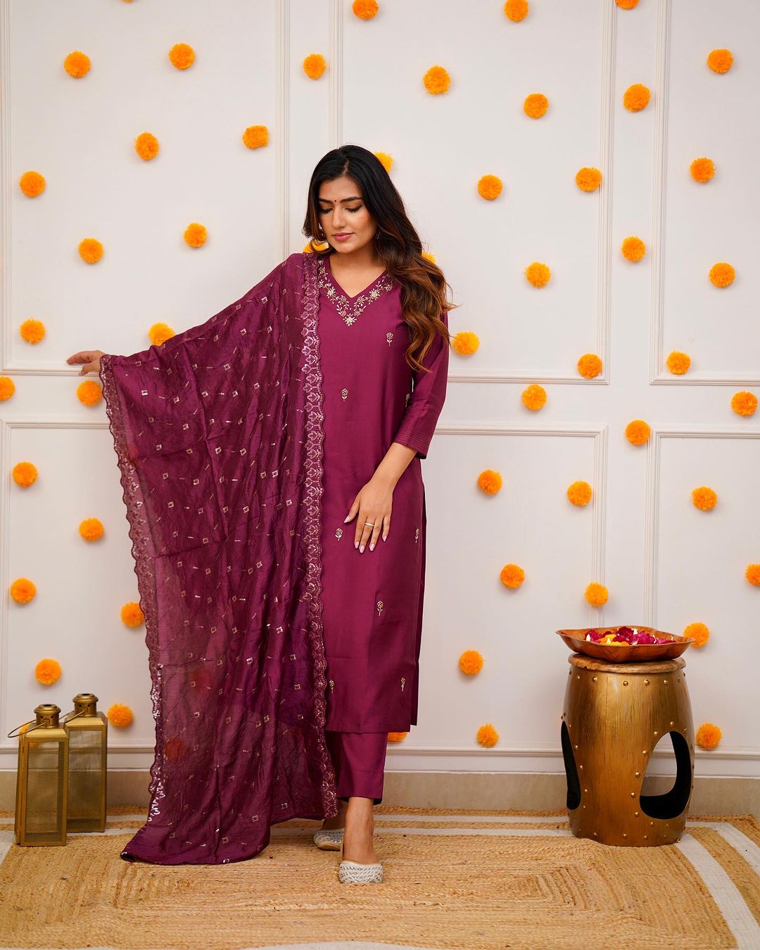 Wedding Wear Wine Color Viscose Chanderi With Embroidery Work Beautiful Kurta Set