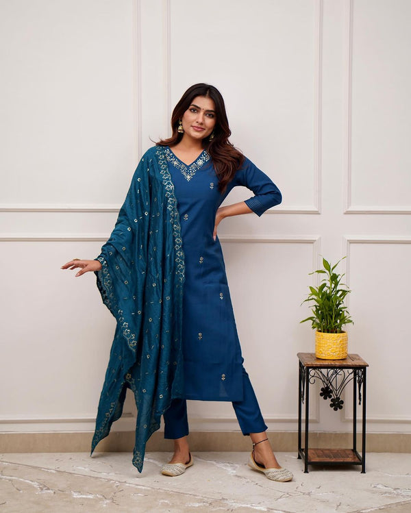 Wedding Wear Navy Color Viscose Chanderi With Embroidery Work Beautiful Kurta Set