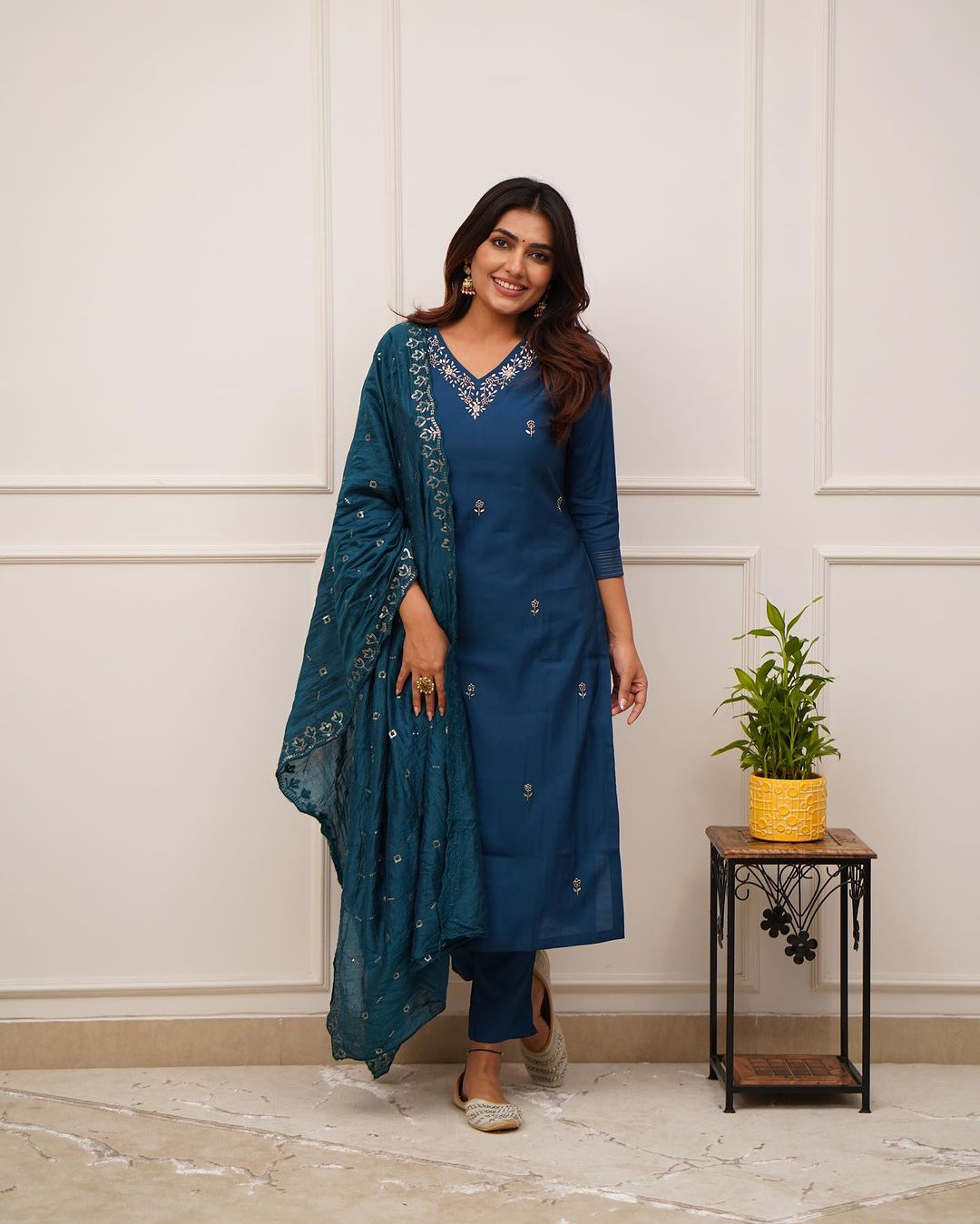 Wedding Wear Navy Color Viscose Chanderi With Embroidery Work Beautiful Kurta Set