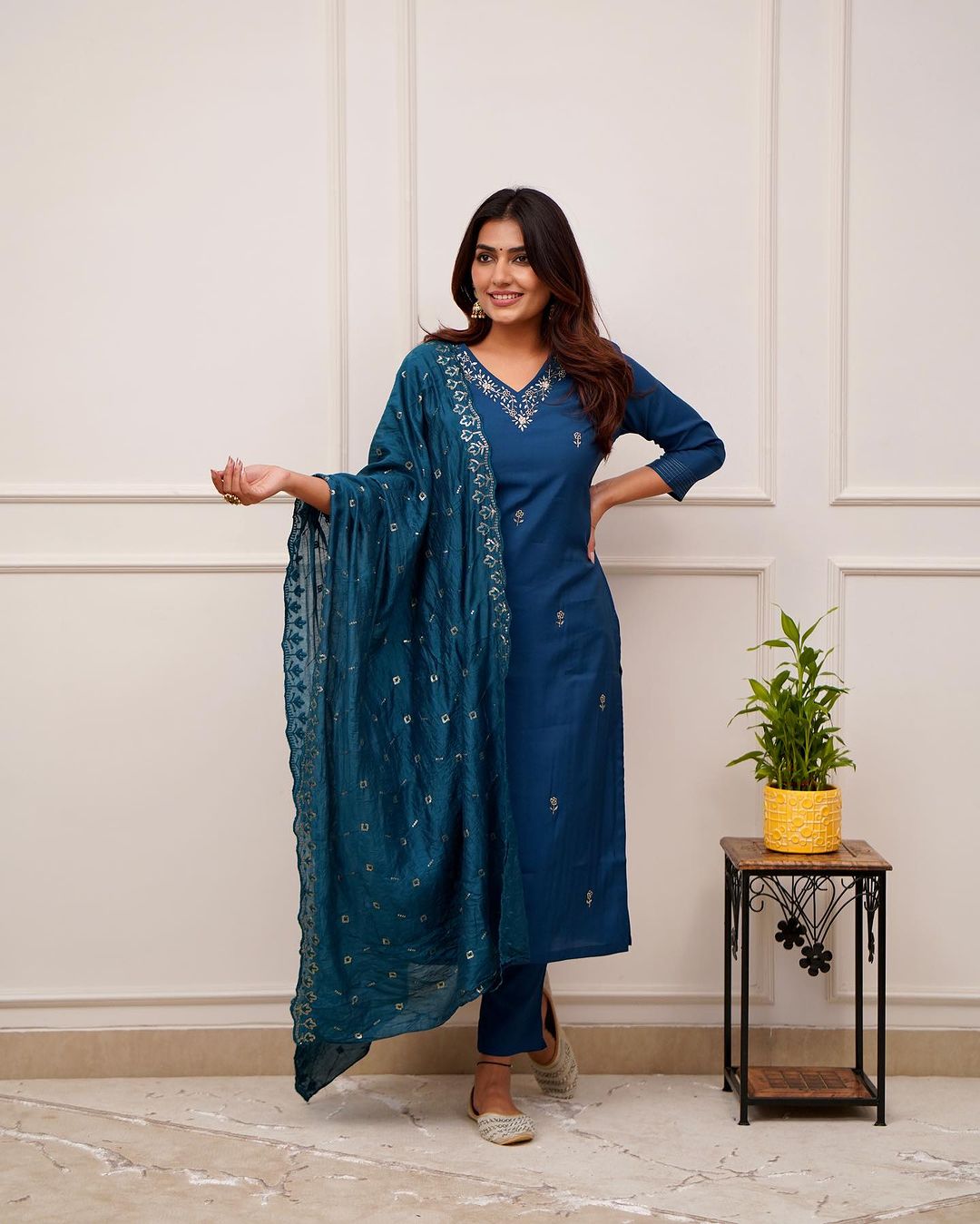 Wedding Wear Navy Color Viscose Chanderi With Embroidery Work Beautiful Kurta Set