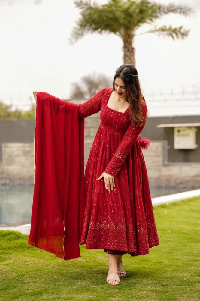 Wedding Wear Embellished Red Color Sequence Work Gown