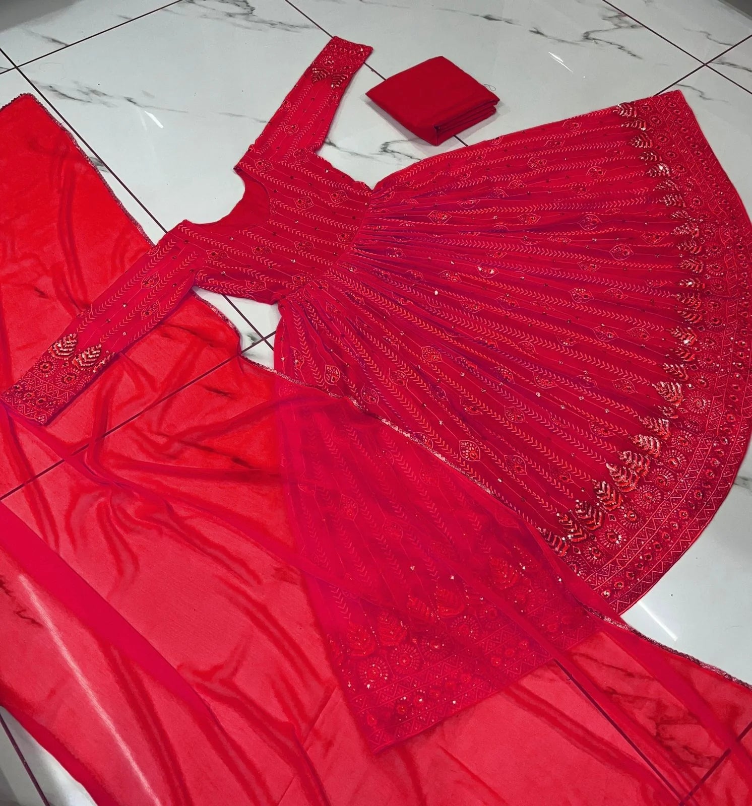 Wedding Wear Embellished Red Color Sequence Work Gown