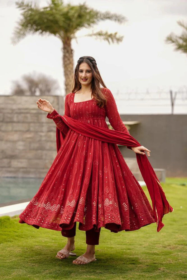 Wedding Wear Embellished Red Color Sequence Work Gown