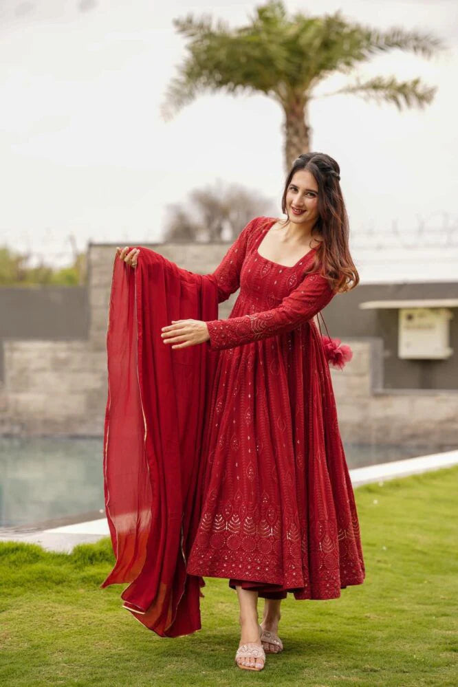 Wedding Wear Embellished Red Color Sequence Work Gown