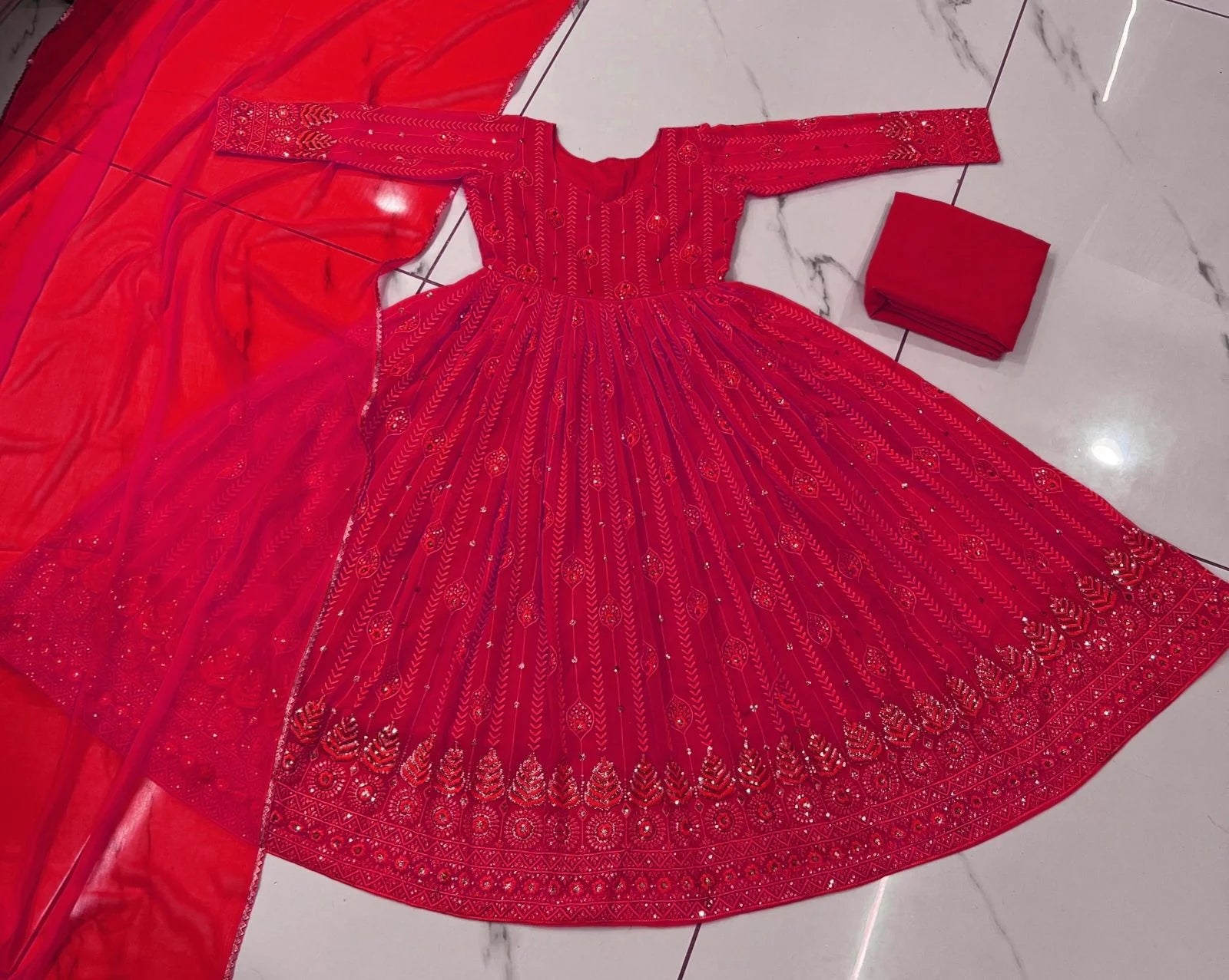 Wedding Wear Embellished Red Color Sequence Work Gown