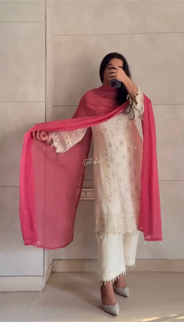 Party Wear Off White Color  Heavy Faux Georgette With Embroidery And Sequin Work Salwar Suit