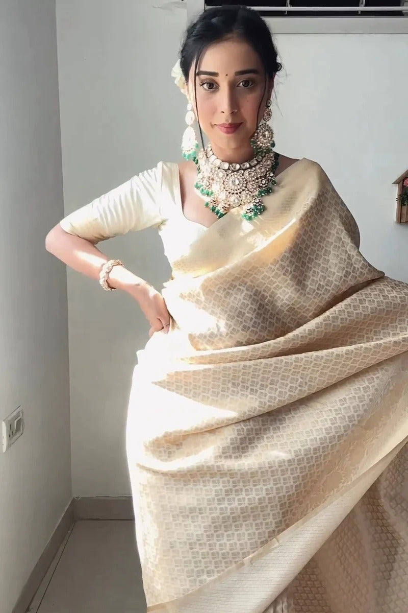 Off White Color Ready To Wear Jacquard Saree