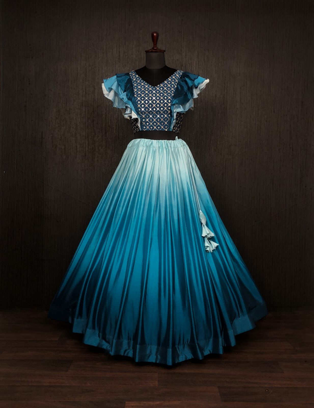 Decent Teal Blue Color Fancy Sleeve Blouse With Lehenga