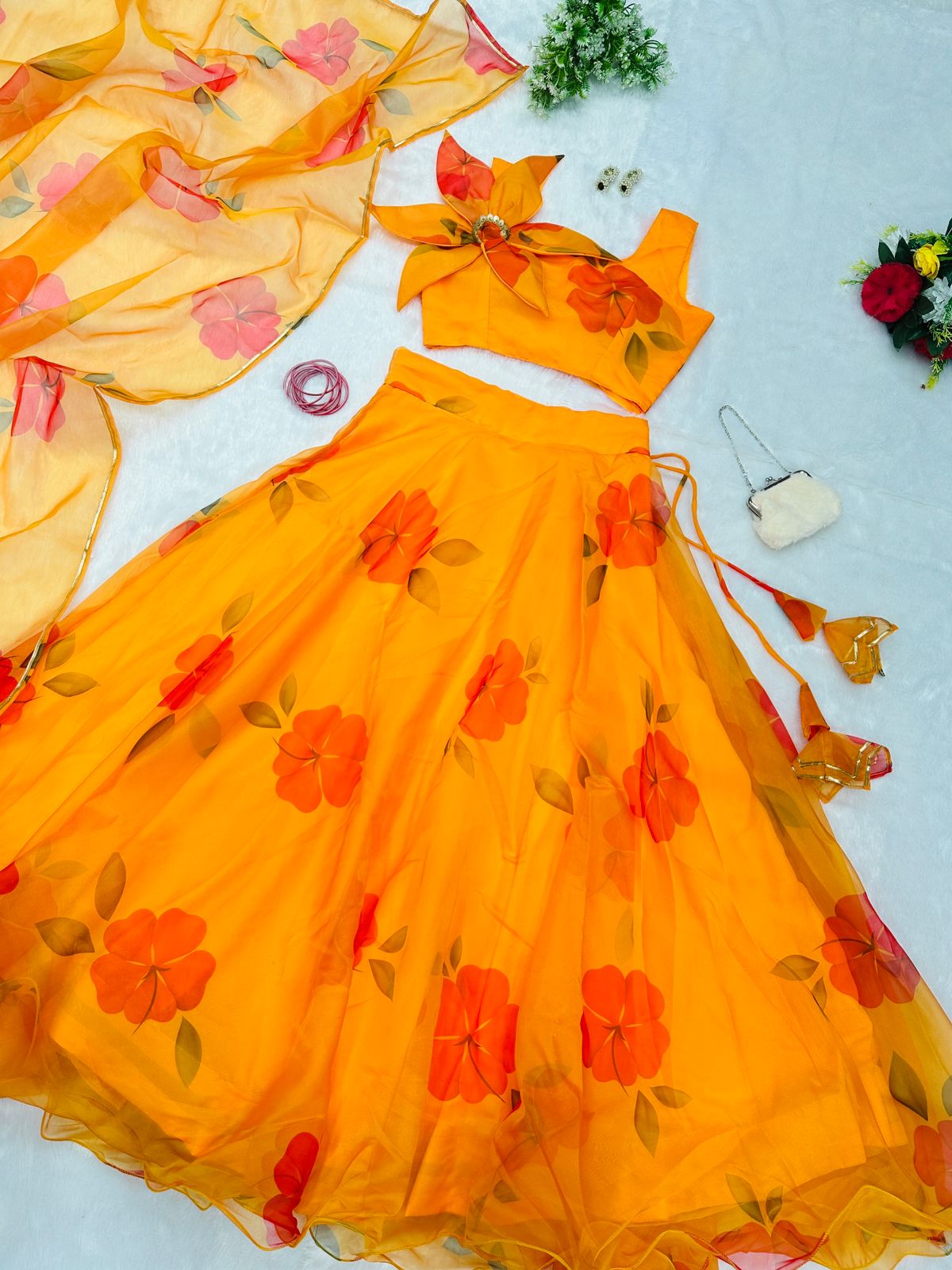 Admiring Yellow Color Organza Lehenga With Stylish Blouse