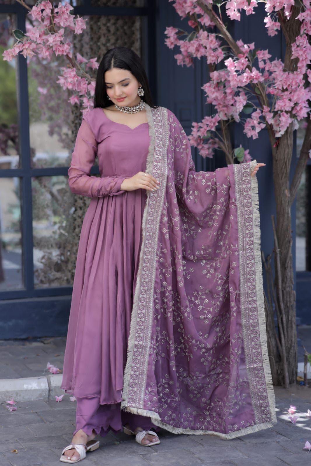 Dusty Pink Color Long Suit With Palazzo And Terrific Dupatta