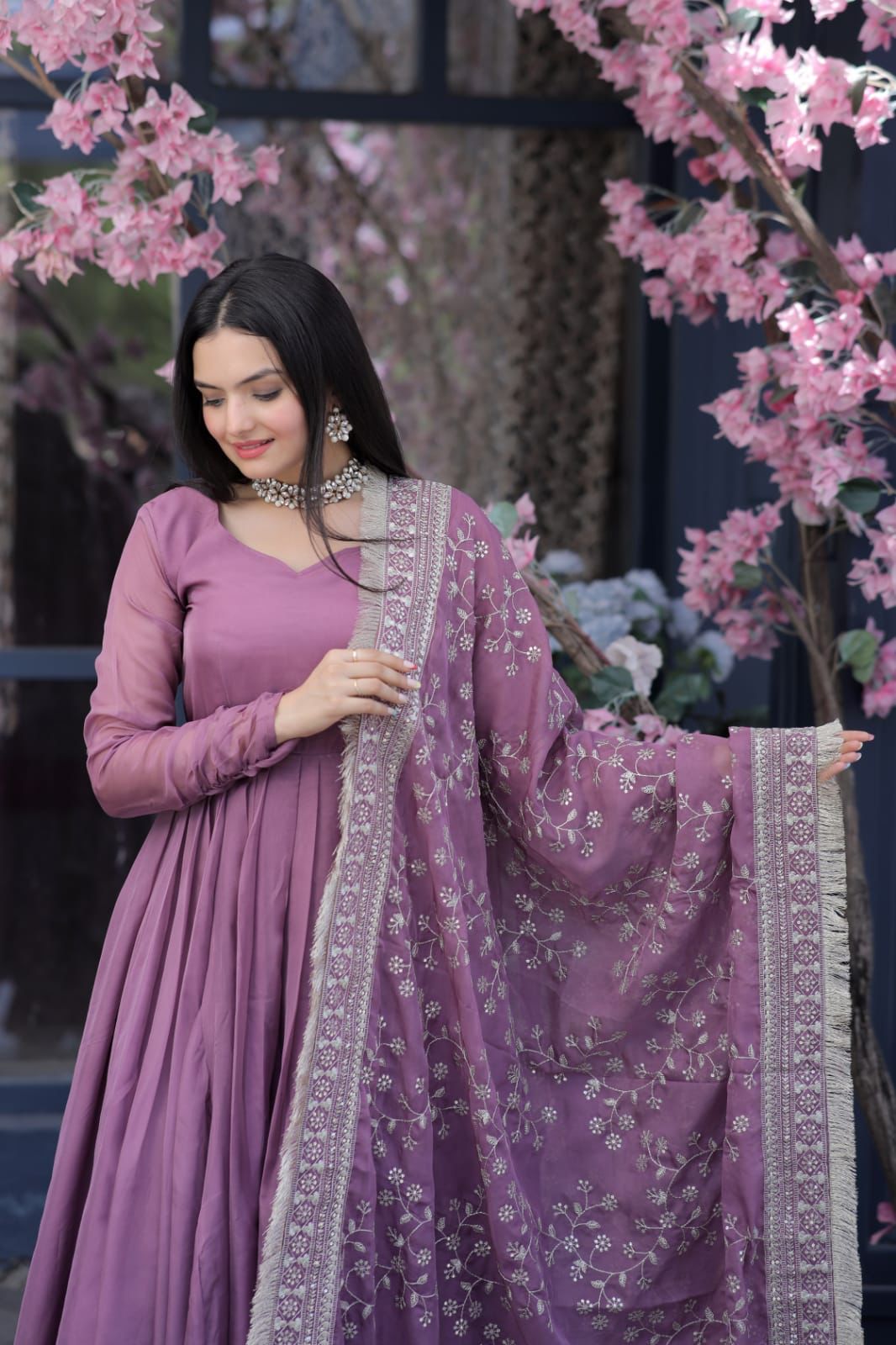 Dusty Pink Color Long Suit With Palazzo And Terrific Dupatta