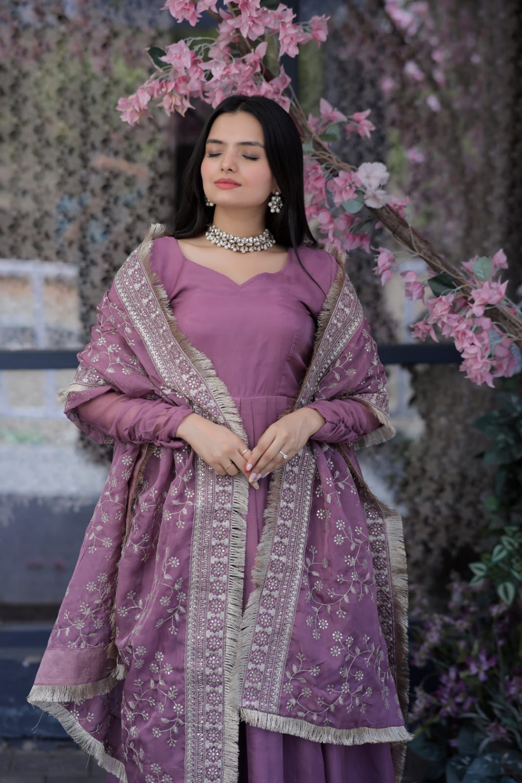 Dusty Pink Color Long Suit With Palazzo And Terrific Dupatta