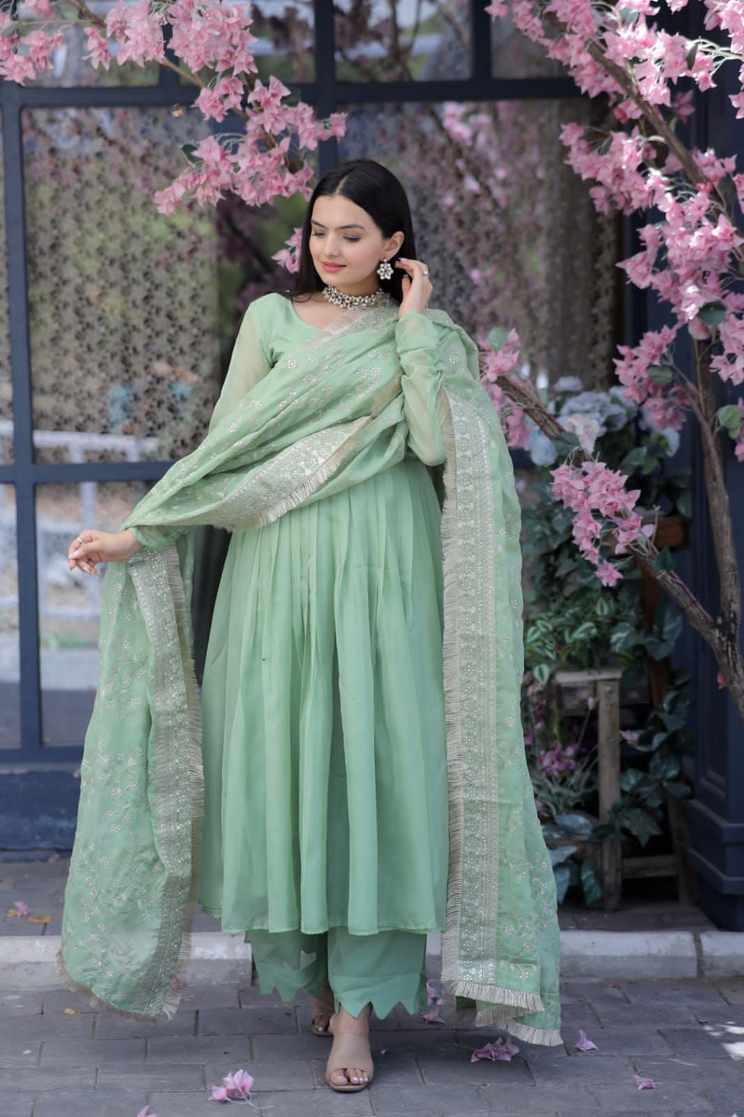 Pista Green Color Long Suit With Palazzo And Terrific Dupatta