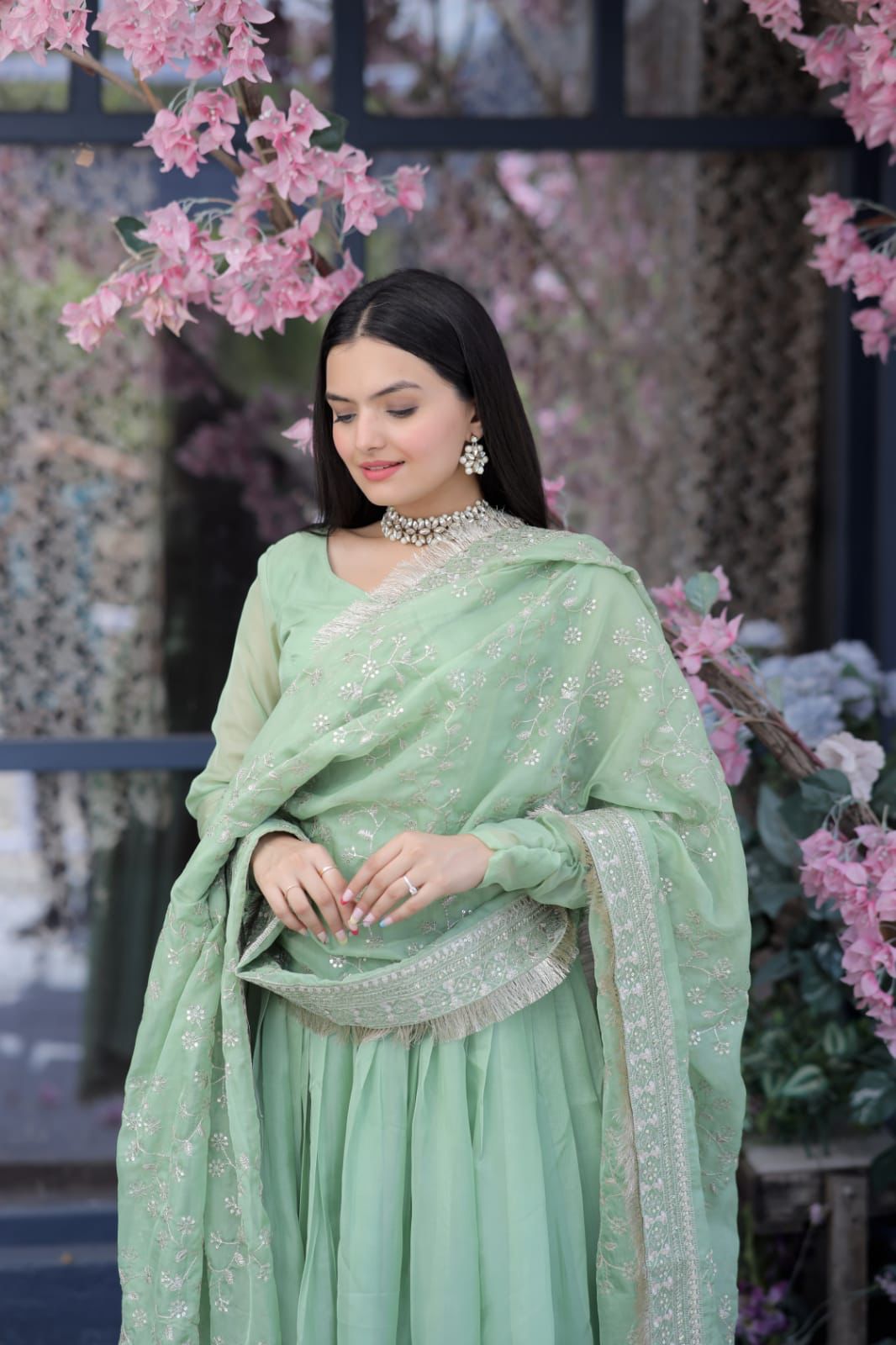 Pista Green Color Long Suit With Palazzo And Terrific Dupatta