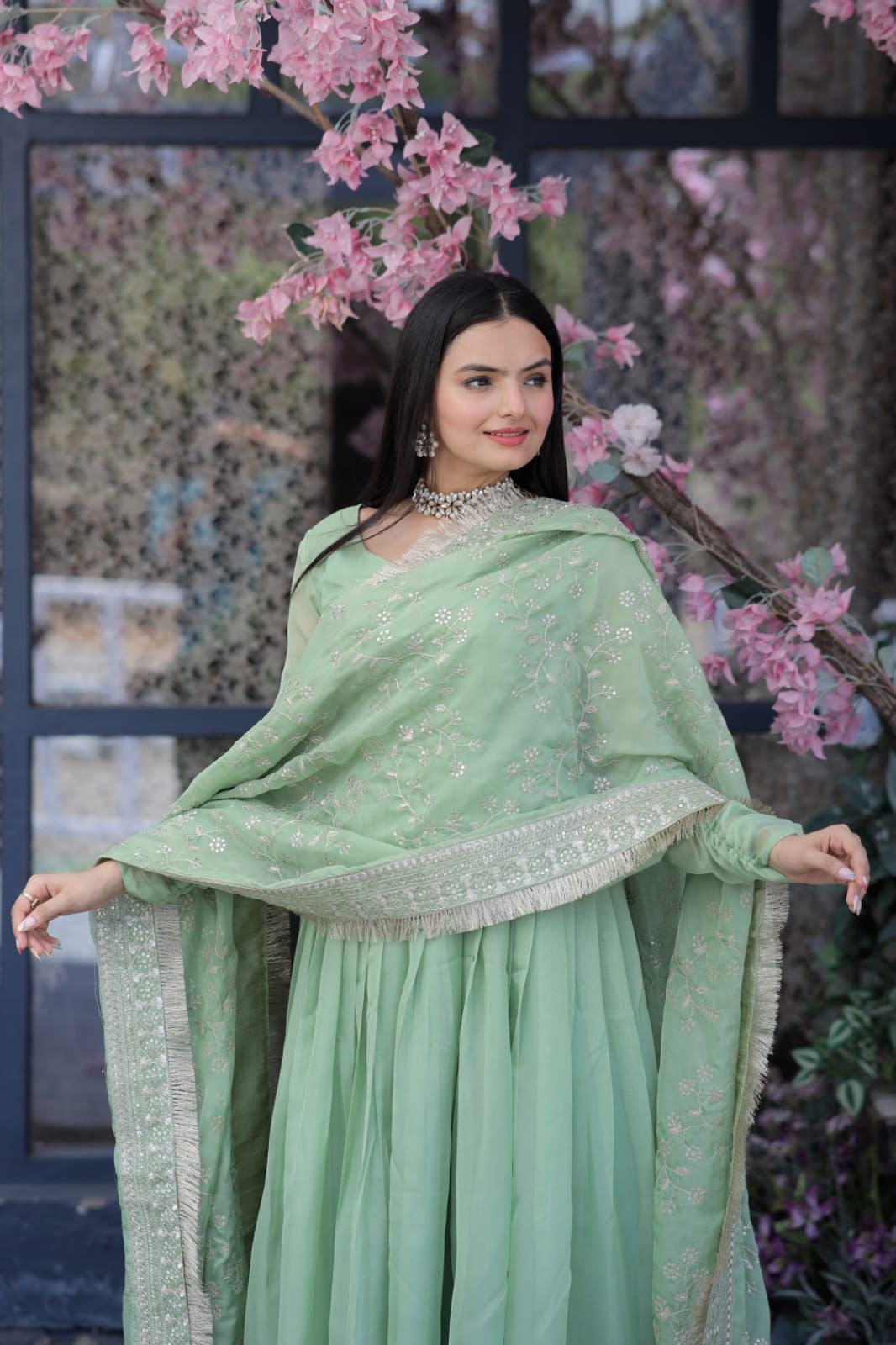 Pista Green Color Long Suit With Palazzo And Terrific Dupatta