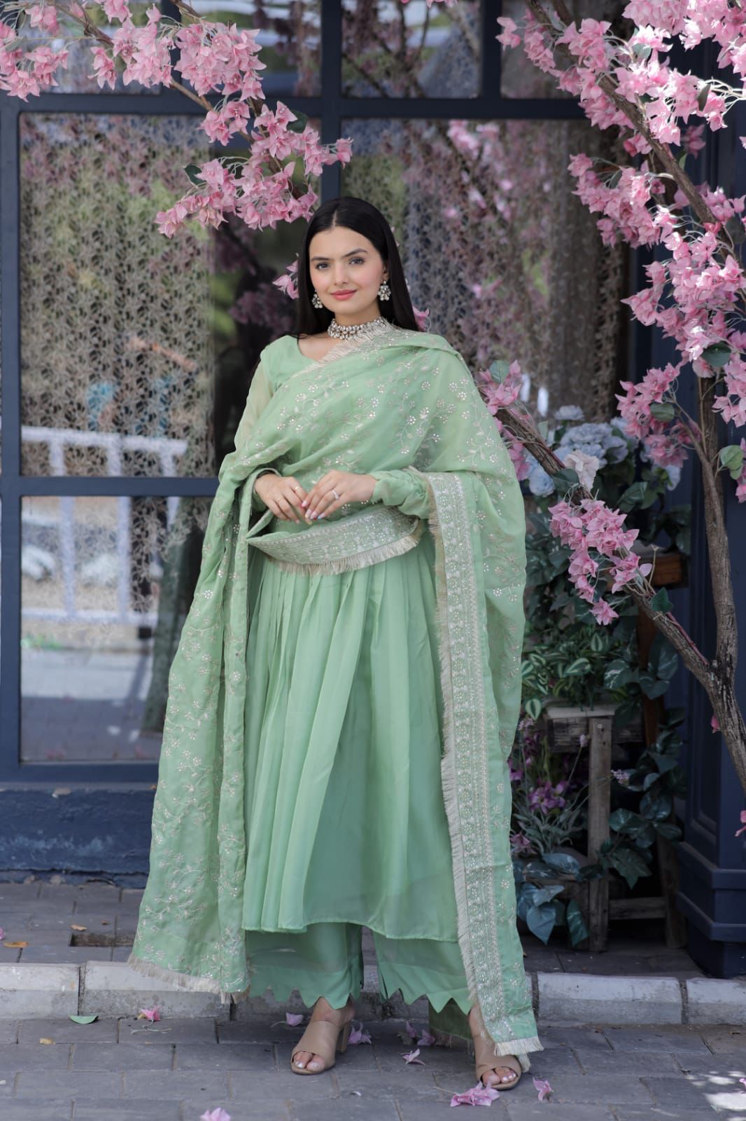 Pista Green Color Long Suit With Palazzo And Terrific Dupatta