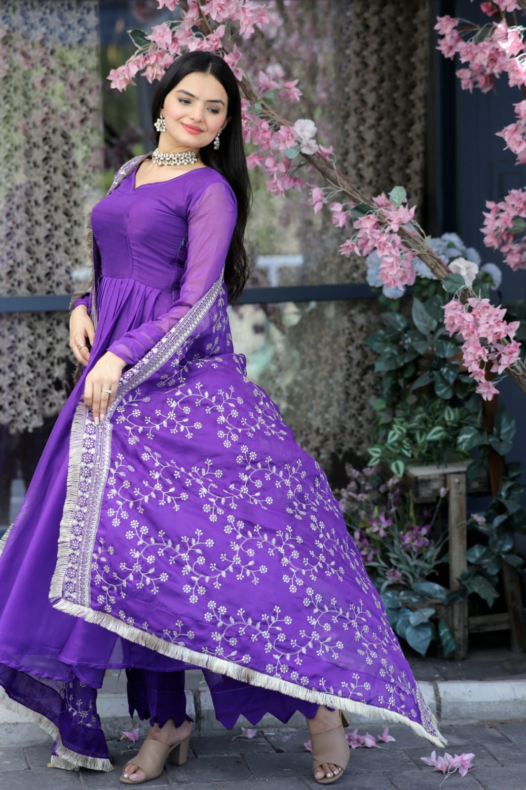 Purple Color Long Suit With Palazzo And Terrific Dupatta