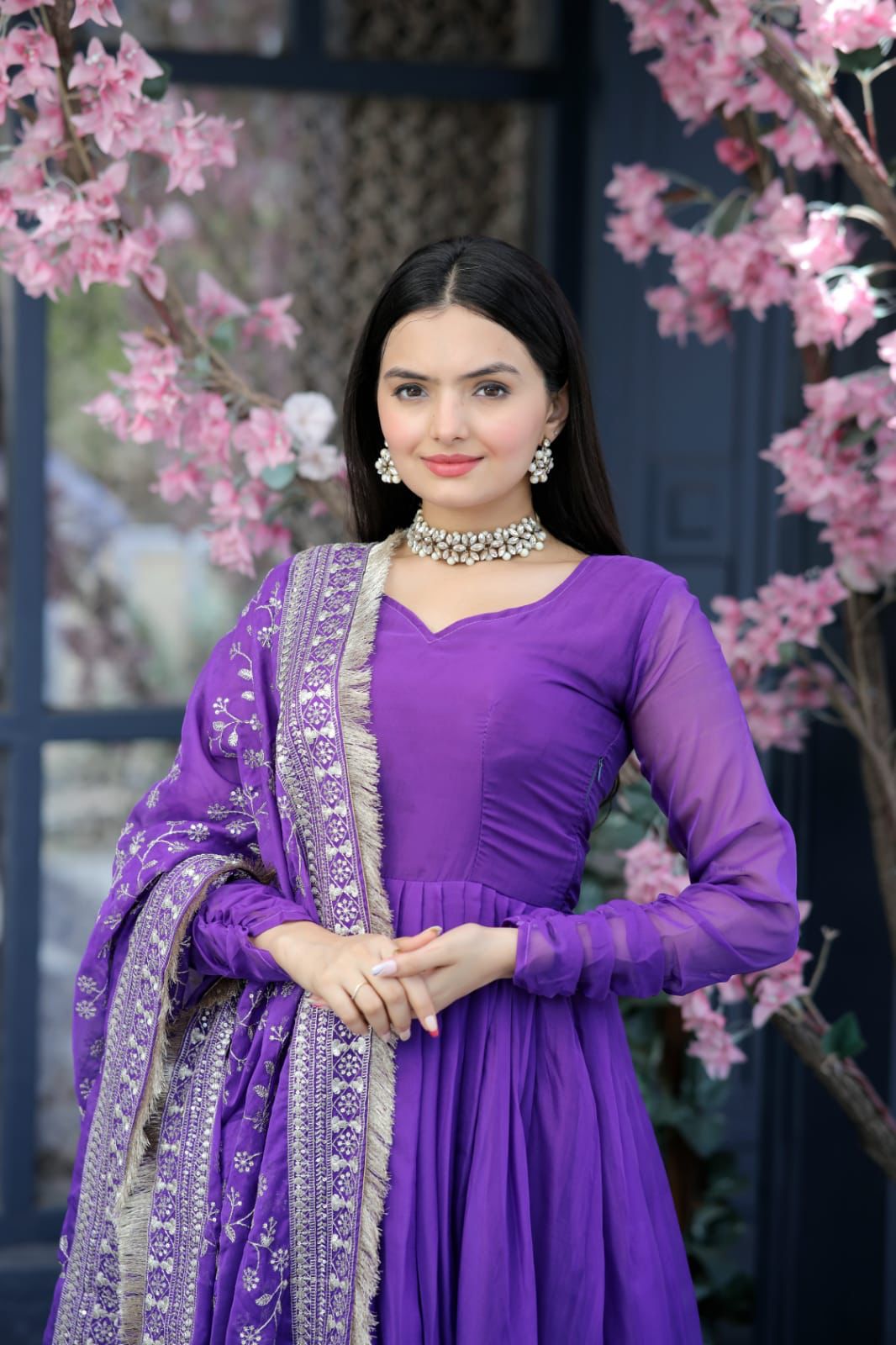 Purple Color Long Suit With Palazzo And Terrific Dupatta