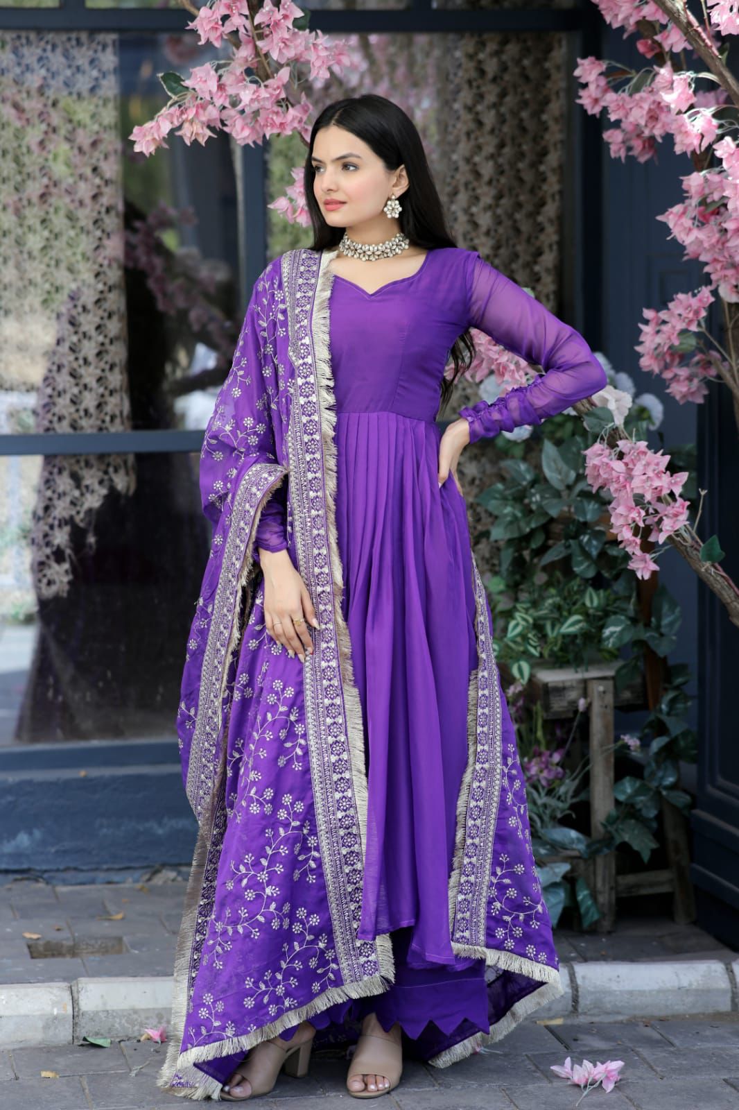 Purple Color Long Suit With Palazzo And Terrific Dupatta