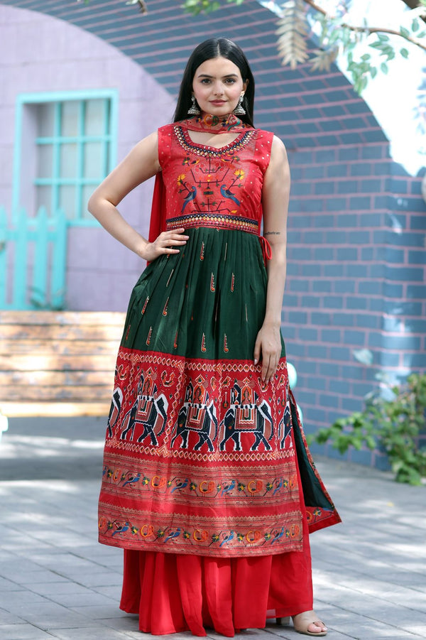 Hand Mirror Work Patola Designer Red And Green Sharara Suit