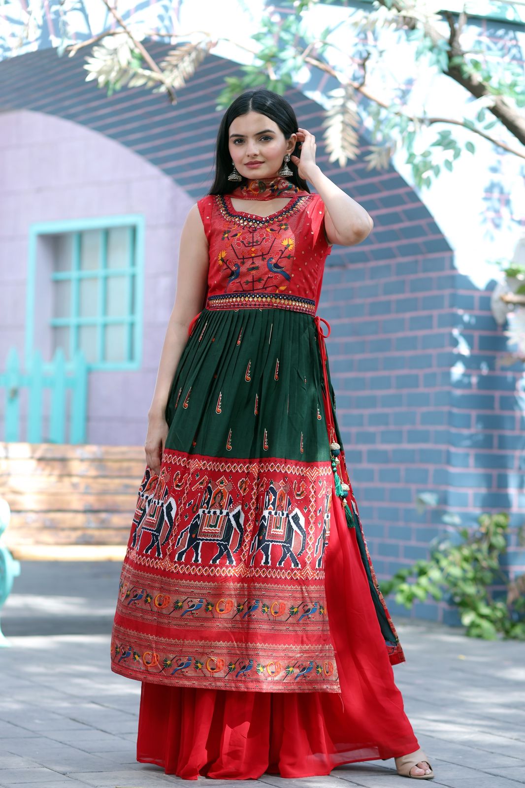 Hand Mirror Work Patola Designer Red And Green Sharara Suit