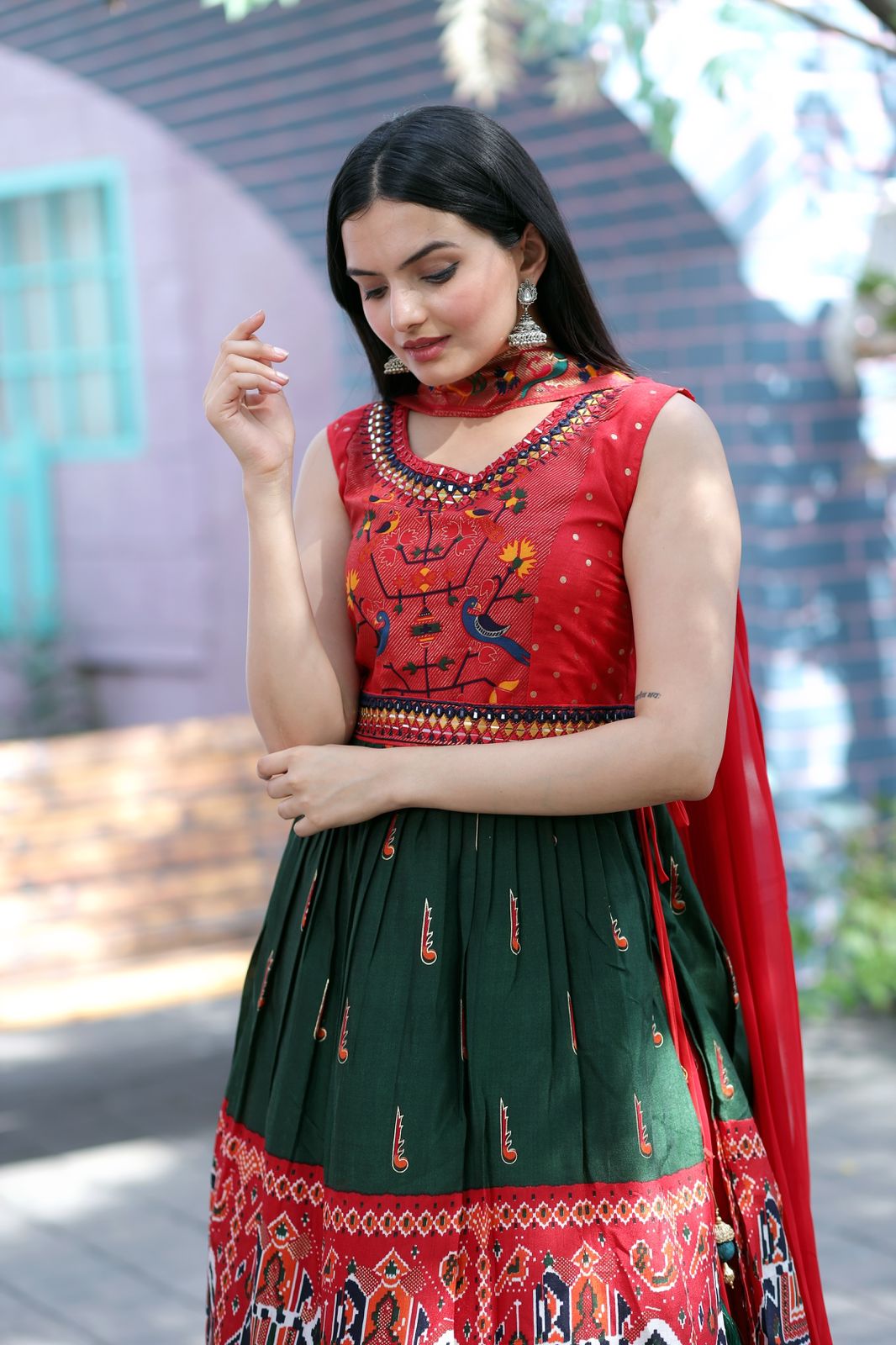 Hand Mirror Work Patola Designer Red And Green Sharara Suit