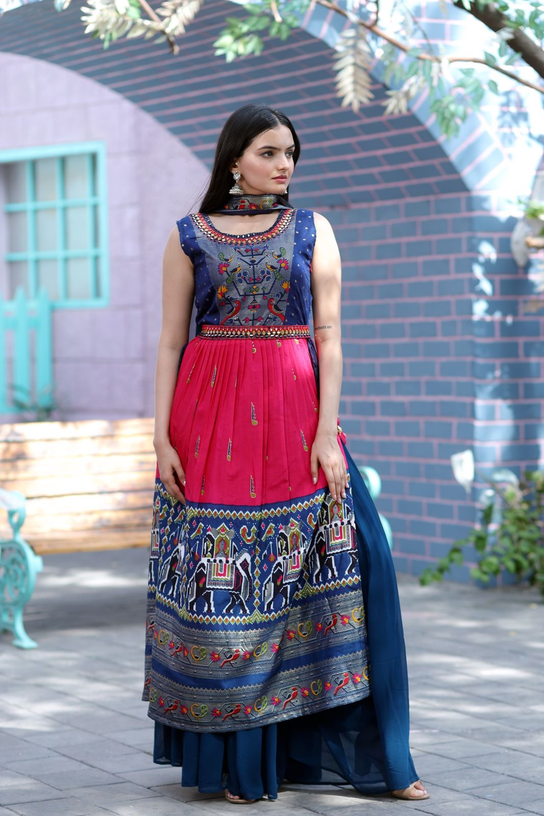 Hand Mirror Work Patola Designer Pink And Navy Sharara Suit