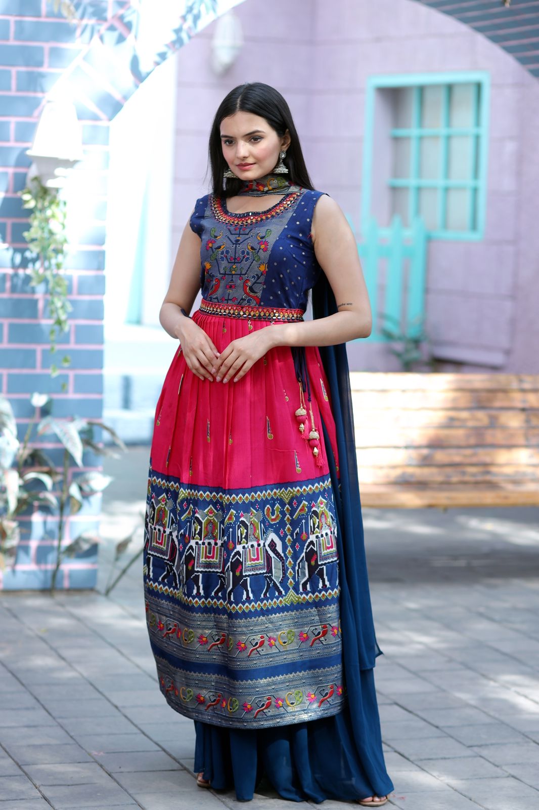 Hand Mirror Work Patola Designer Pink And Navy Sharara Suit