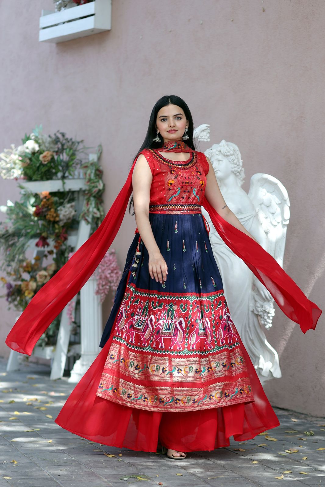 Hand Mirror Work Navy And Red Patola Designer Sharara Suit