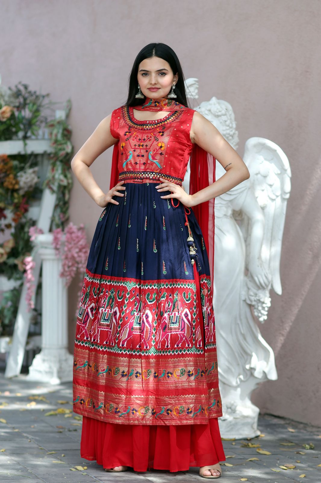 Hand Mirror Work Navy And Red Patola Designer Sharara Suit