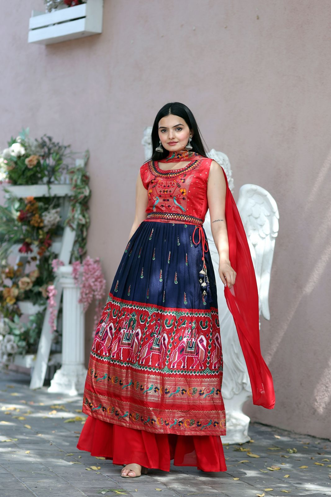 Hand Mirror Work Navy And Red Patola Designer Sharara Suit