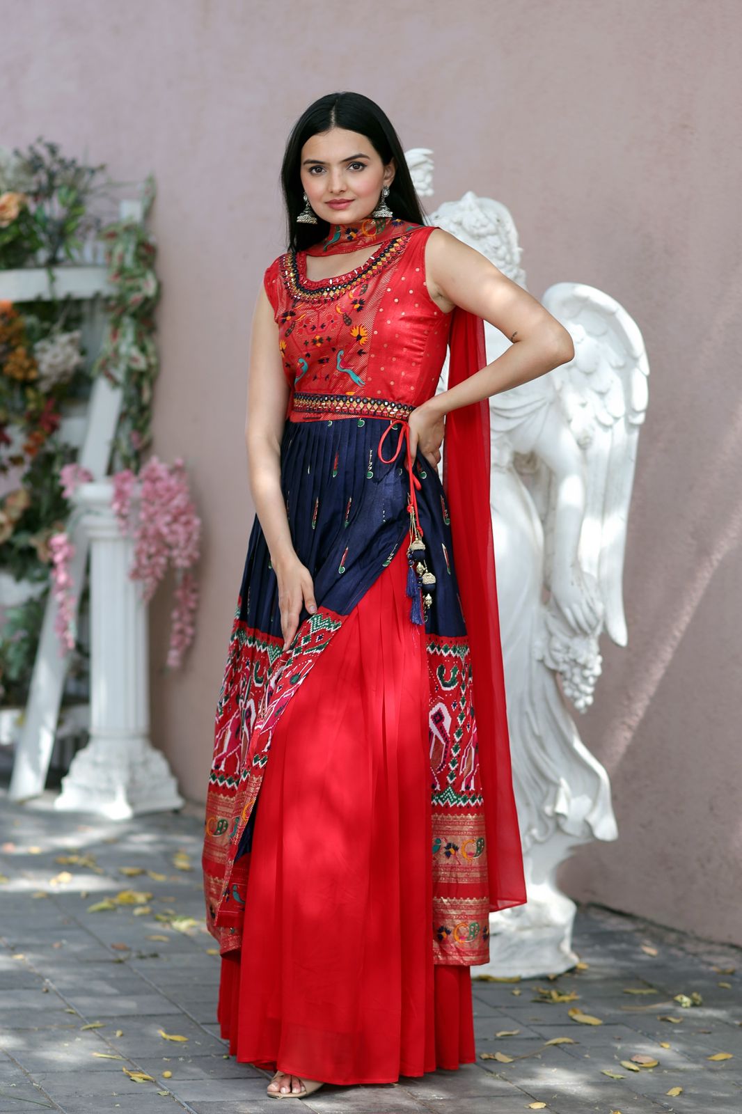 Hand Mirror Work Navy And Red Patola Designer Sharara Suit