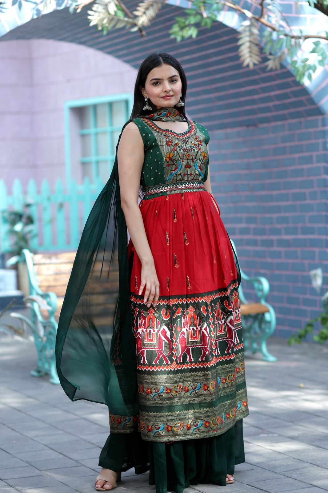 Hand Mirror Work Green And Red Patola Designer Sharara Suit