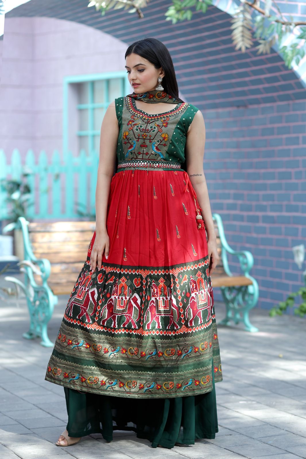 Hand Mirror Work Green And Red Patola Designer Sharara Suit