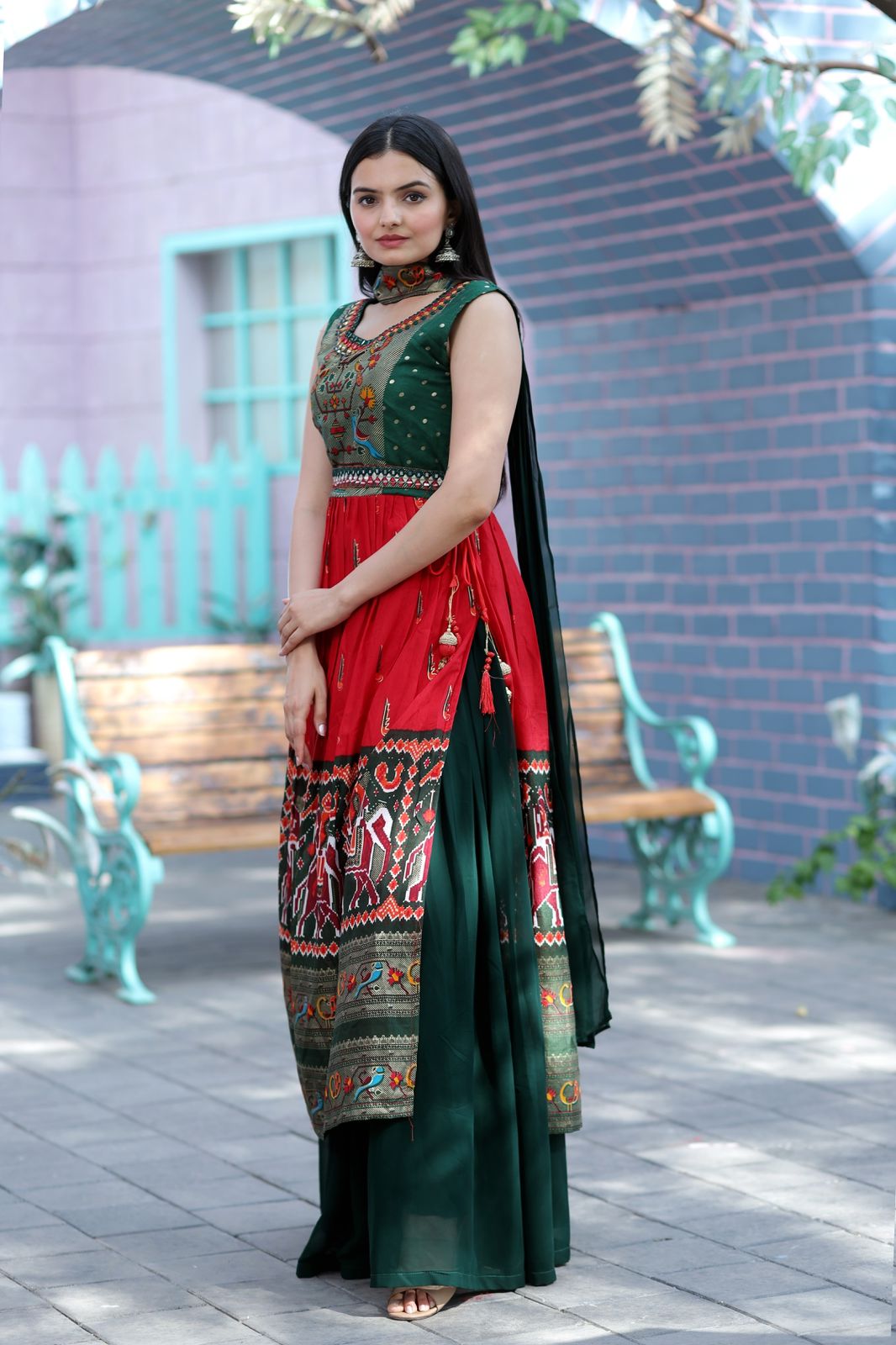 Hand Mirror Work Green And Red Patola Designer Sharara Suit