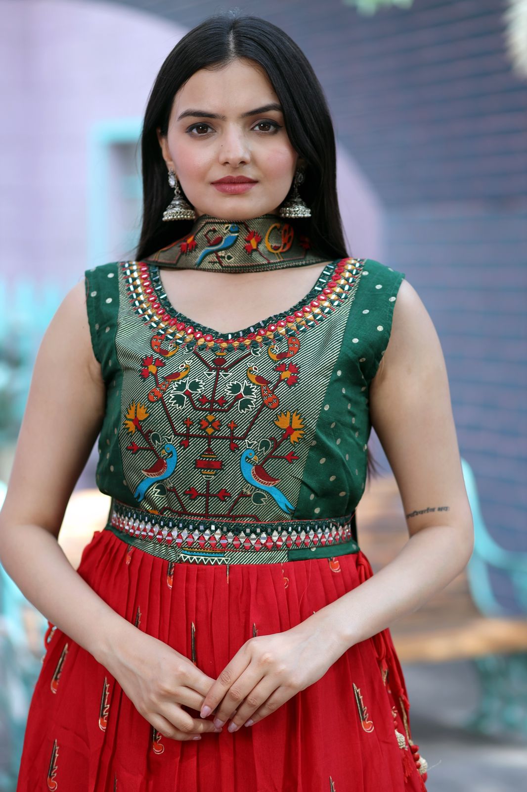 Hand Mirror Work Green And Red Patola Designer Sharara Suit