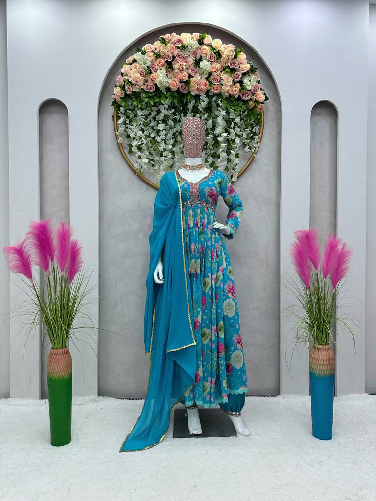 Sky Blue Color Rose Flower Print Anarkali Gown – Vastra Shop