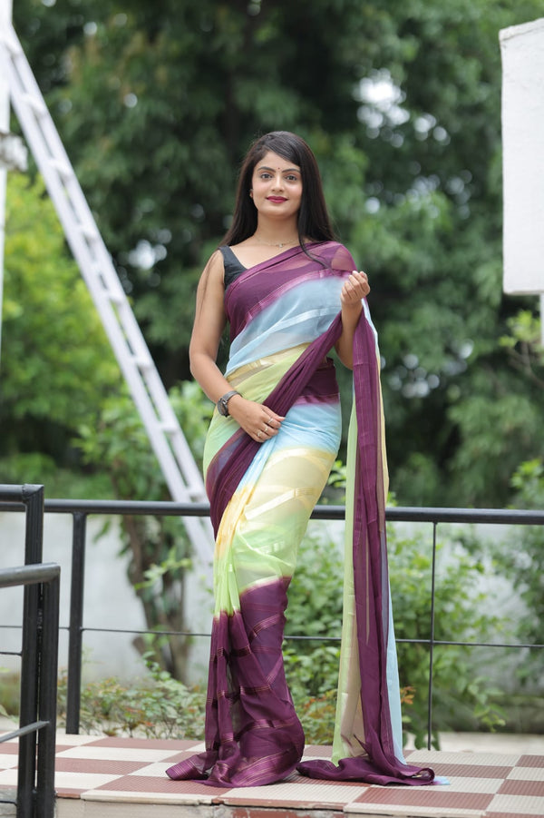 Satin Strip Wine Color Shading Ready To Wear Saree