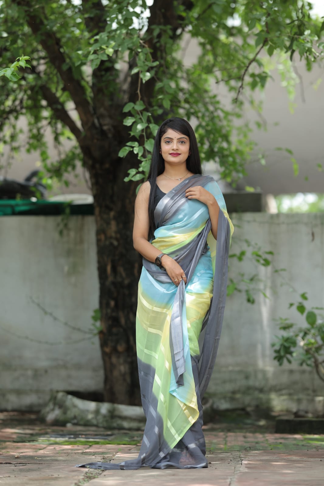 Satin Strip Gray Color Shading Ready To Wear Saree