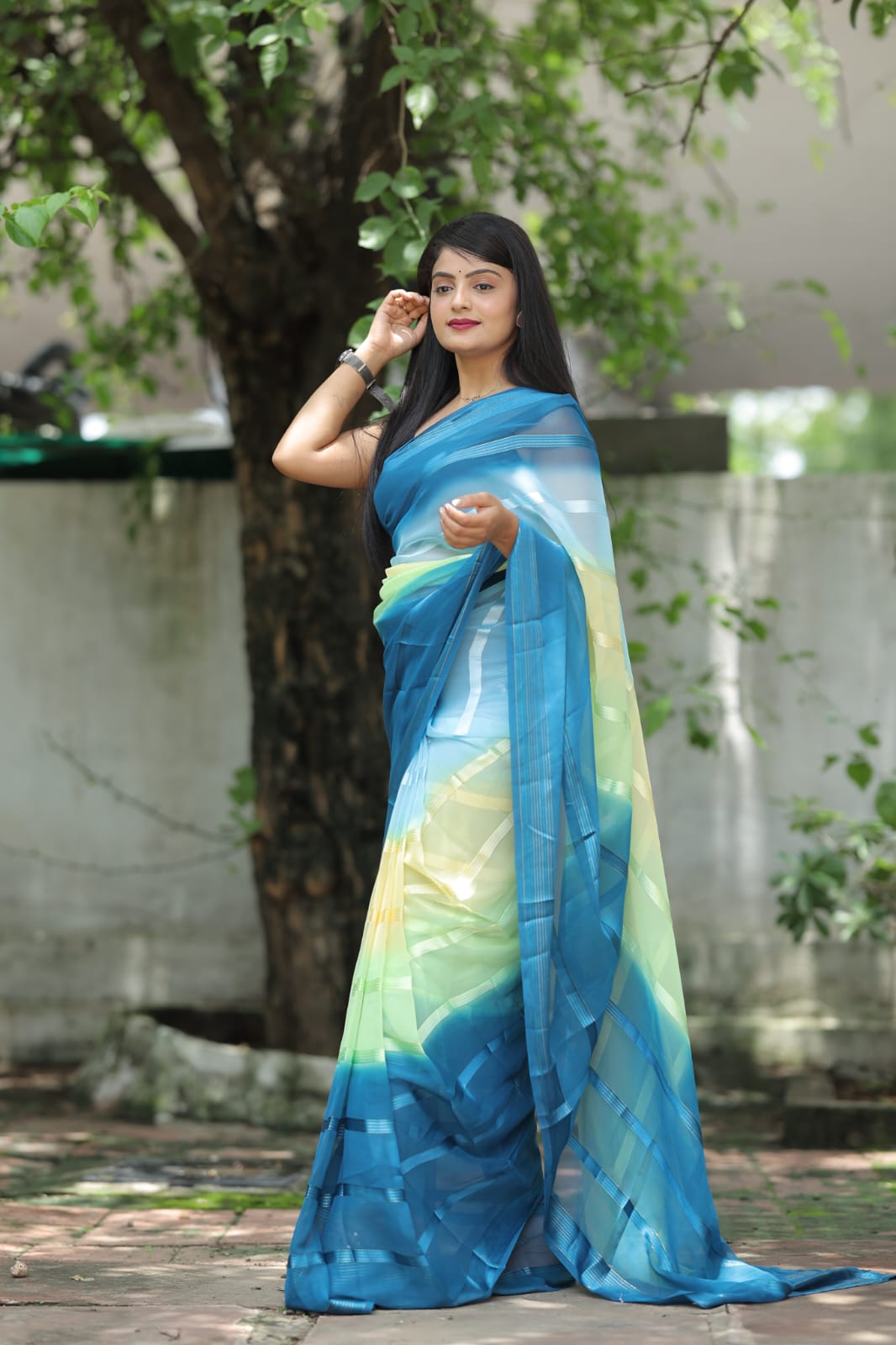 Satin Strip Blue Color Shading Ready To Wear Saree