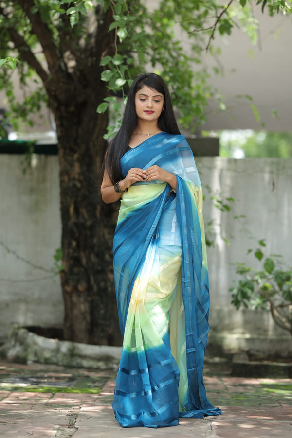 Satin Strip Blue Color Shading Ready To Wear Saree