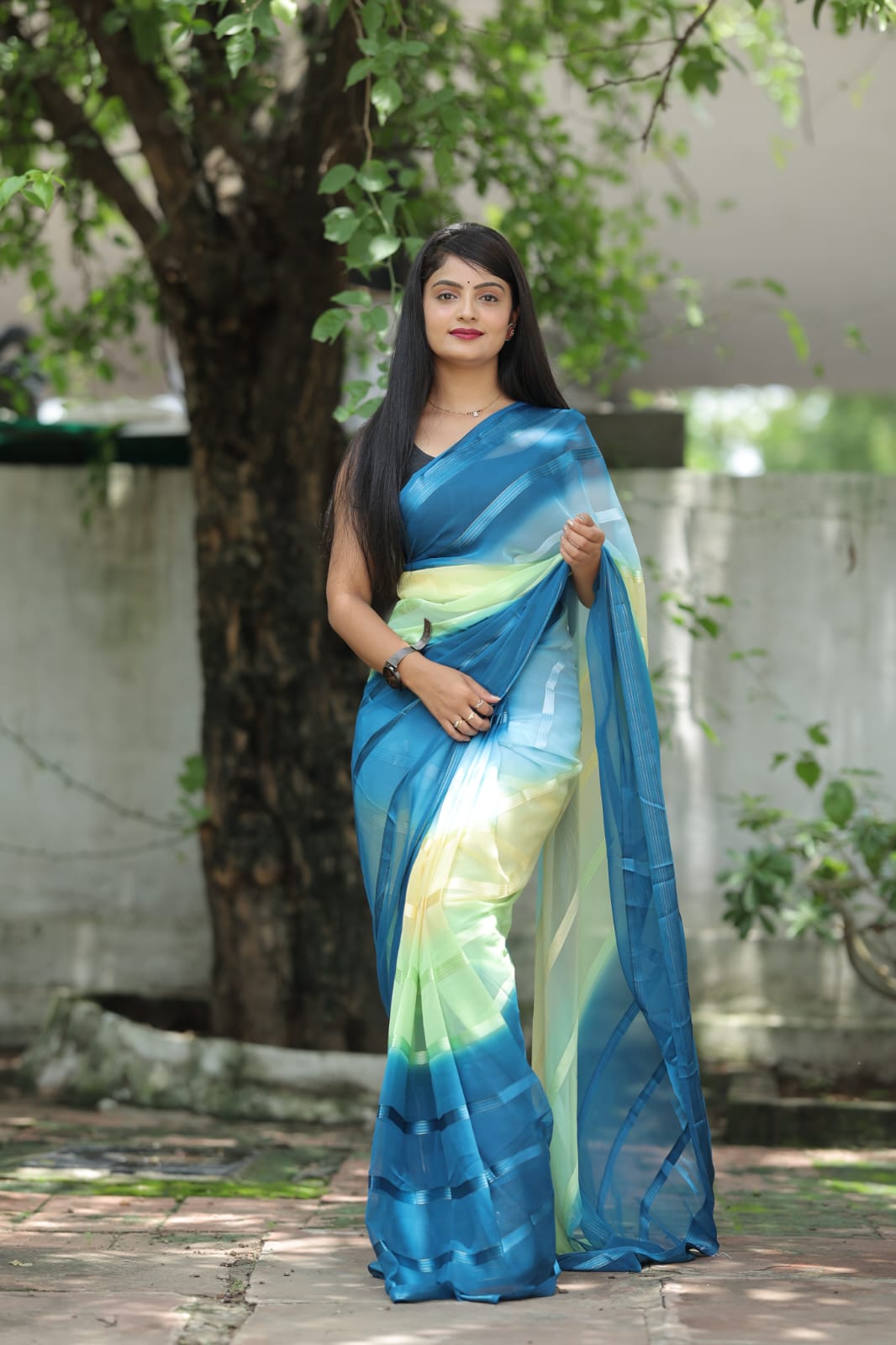 Satin Strip Blue Color Shading Ready To Wear Saree