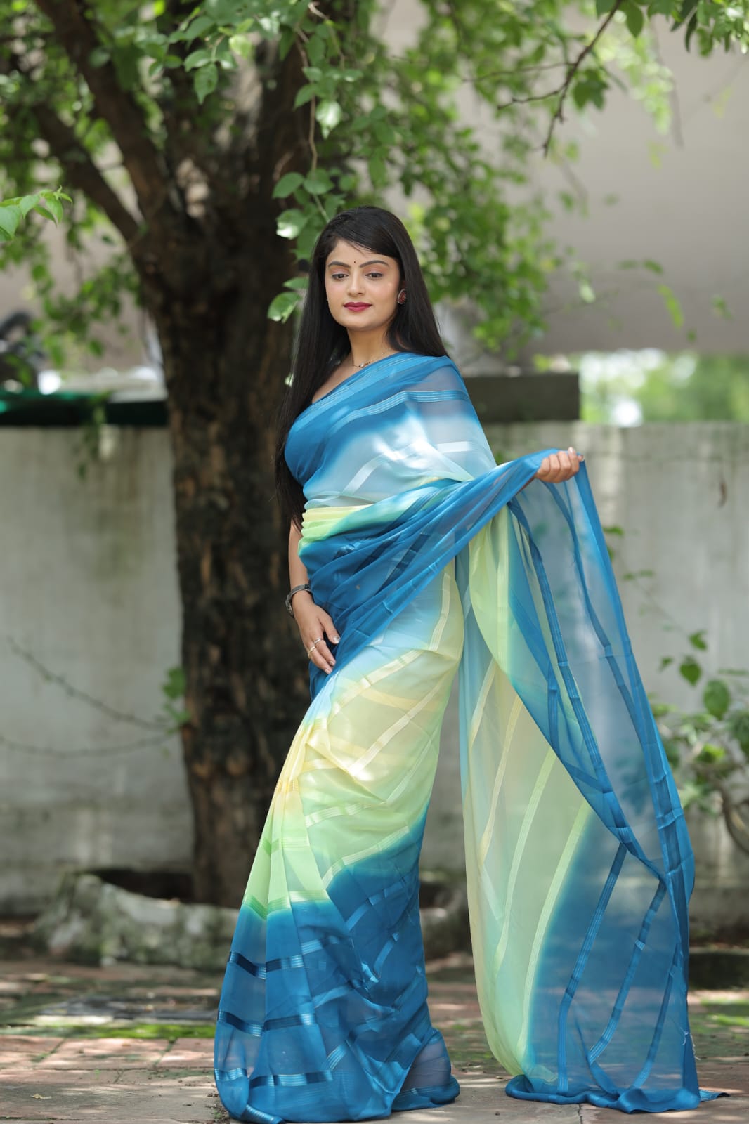 Satin Strip Blue Color Shading Ready To Wear Saree