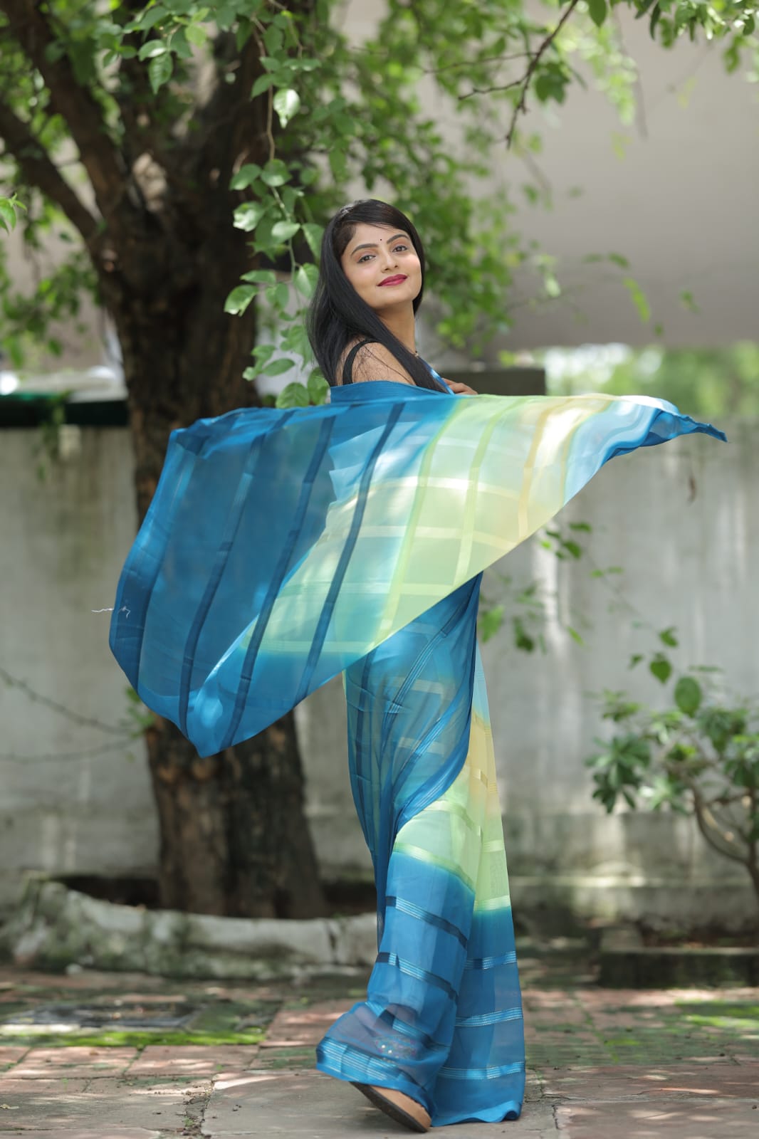 Satin Strip Blue Color Shading Ready To Wear Saree