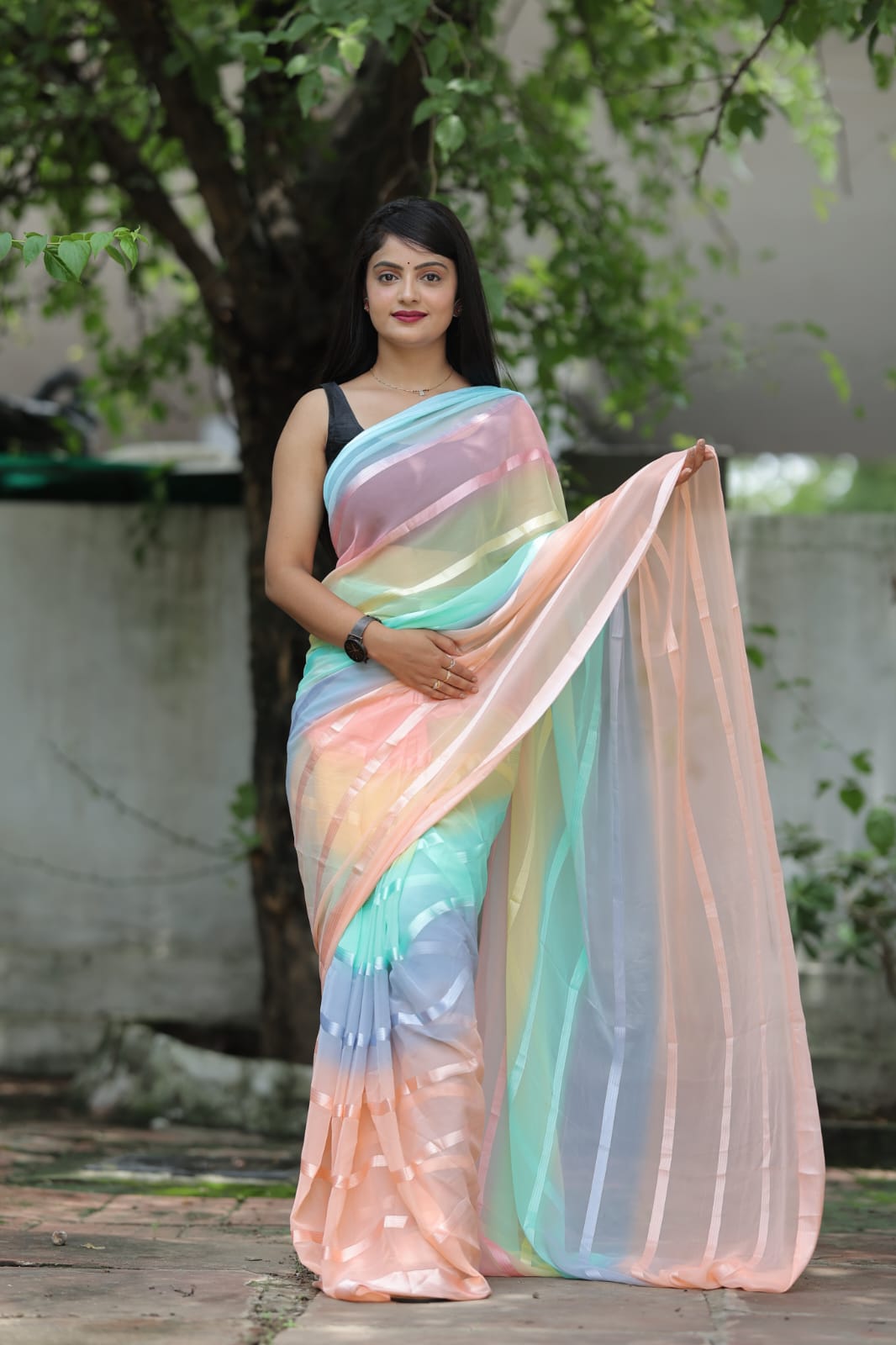 Satin Strip Peach Color Shading Ready To Wear Saree