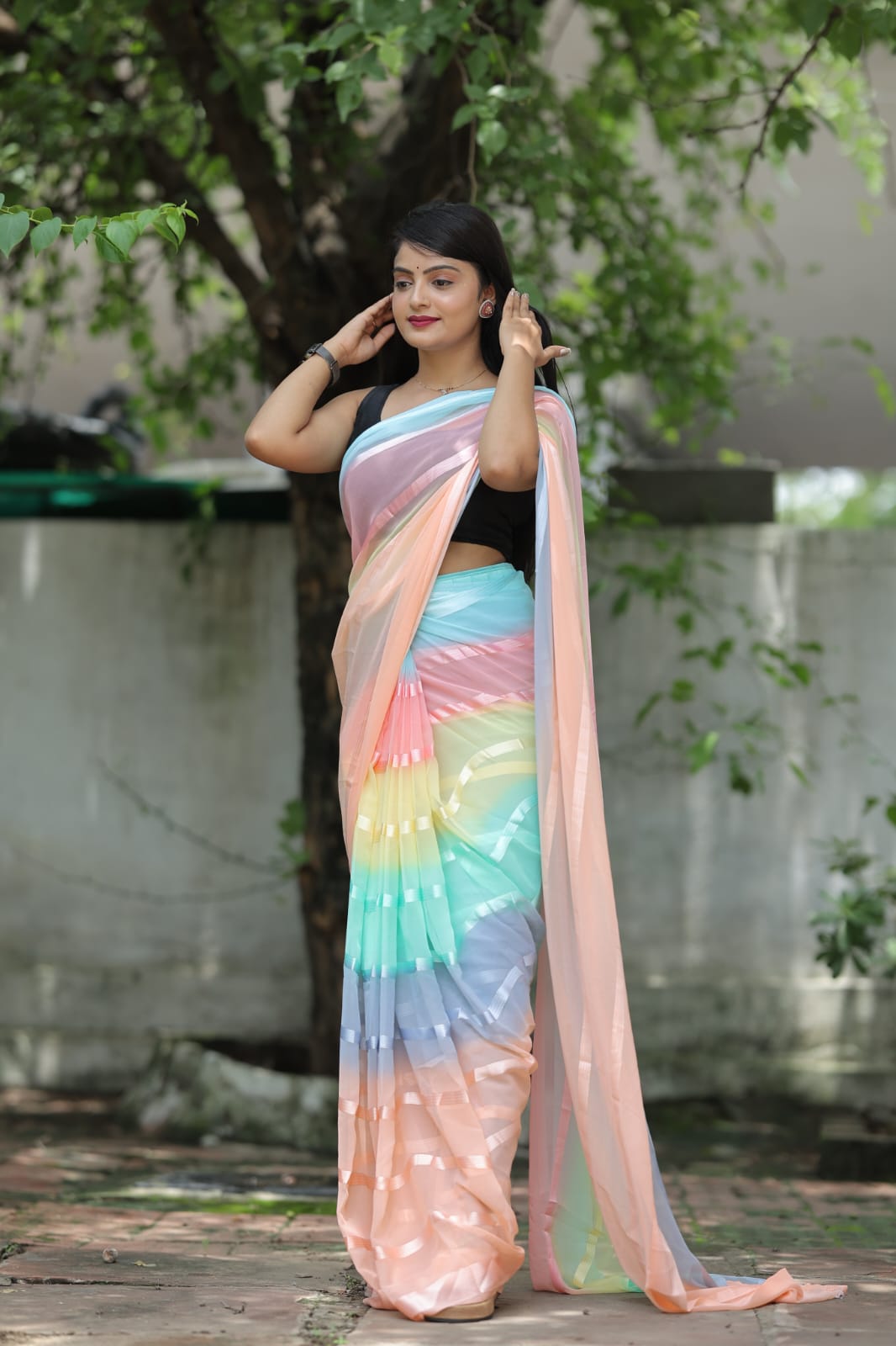 Satin Strip Peach Color Shading Ready To Wear Saree