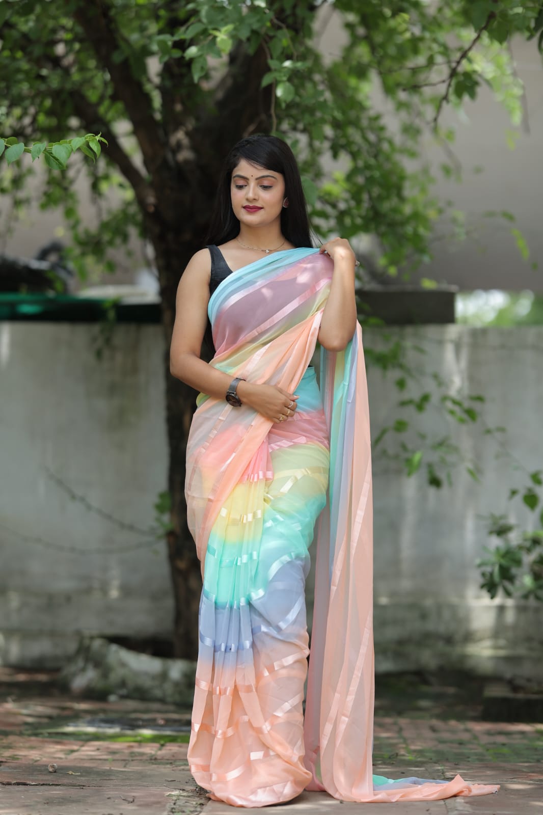 Satin Strip Peach Color Shading Ready To Wear Saree