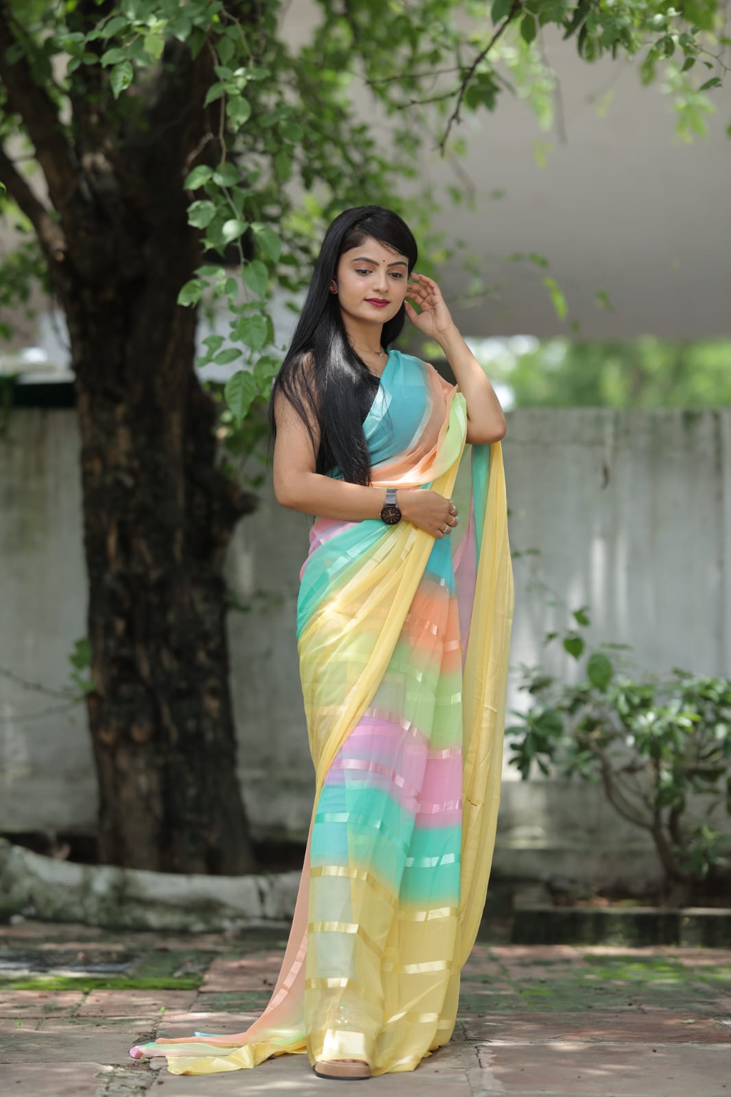 Satin Strip Yellow Color Shading Ready To Wear Saree