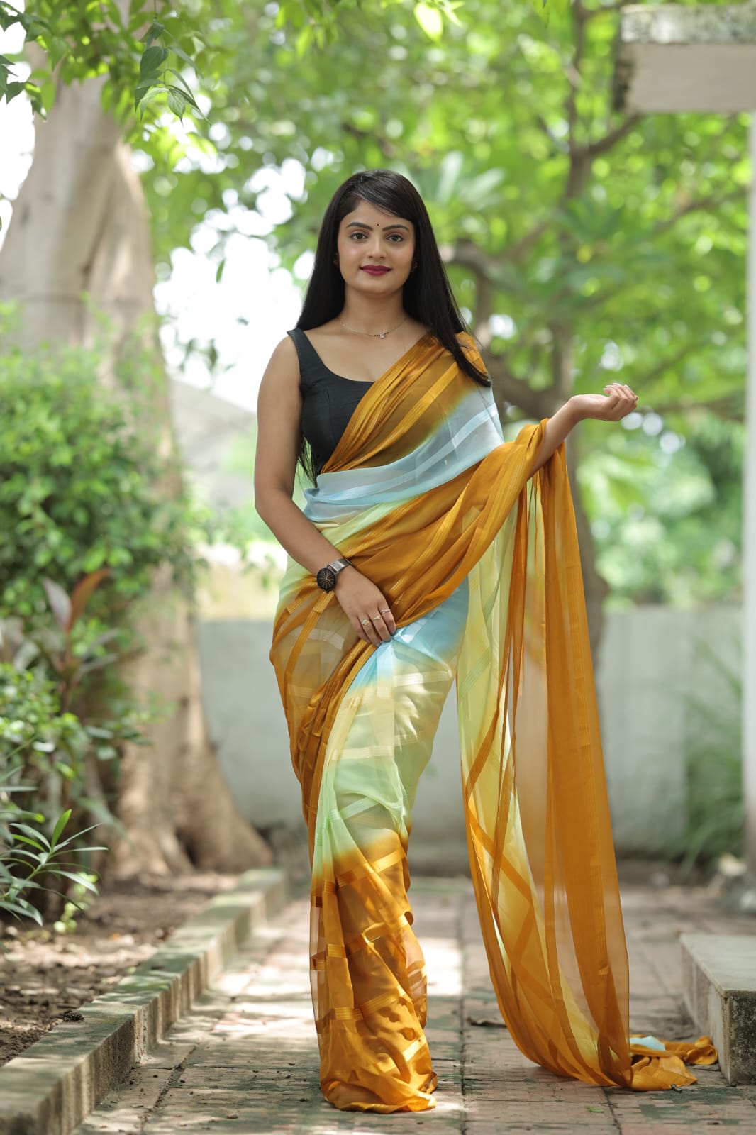 Satin Strip Mustard Color Shading Ready To Wear Saree